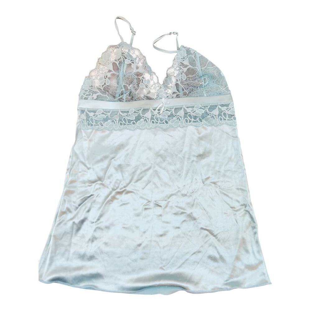 Ornella Womens Sz Xl Satin Lace Slip Cami Top Lingerie Light Blue Y2k